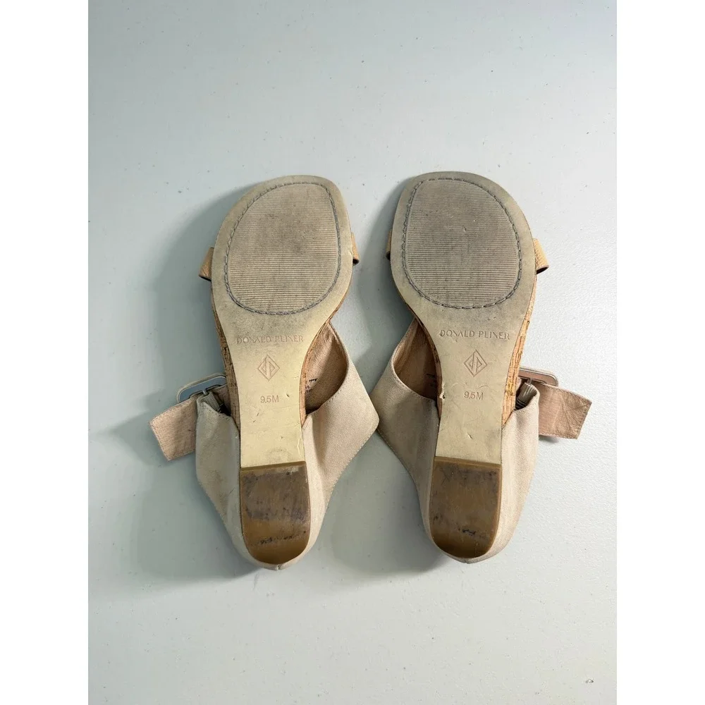 Donald Pliner‎ Ofelia Beige Suede Cork Wedge Sandals Shoes 9.5 Low Heel Buckle
